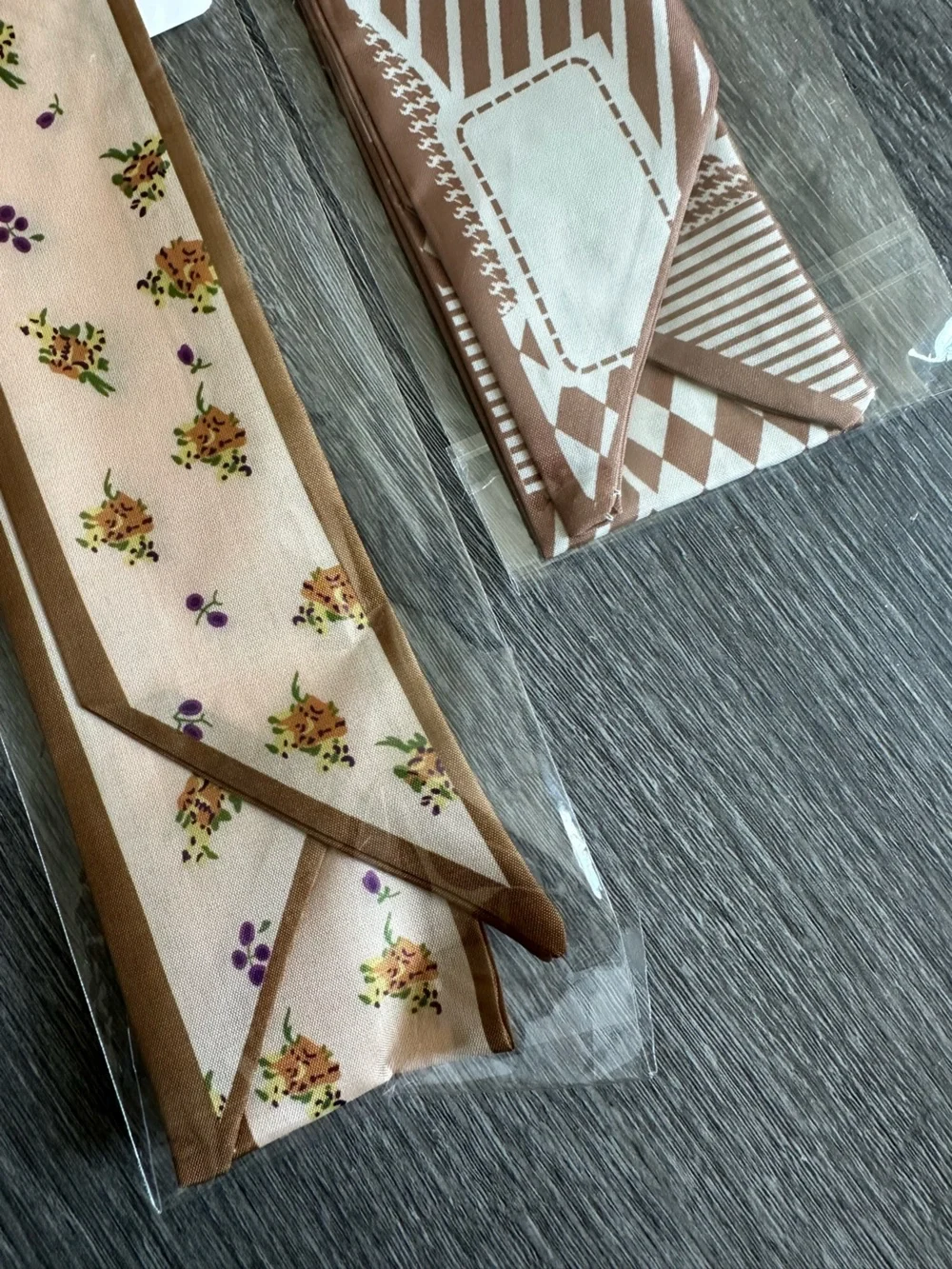 Mint NWT Twilly Autumn Bag Scarf Set of 2 Brown & Cream Floral & Geometric